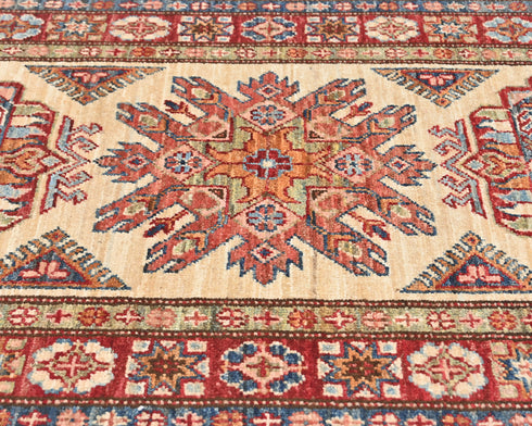 11 Feet Beige Kazak Afghan Hand Knotted Wool Runner Rug